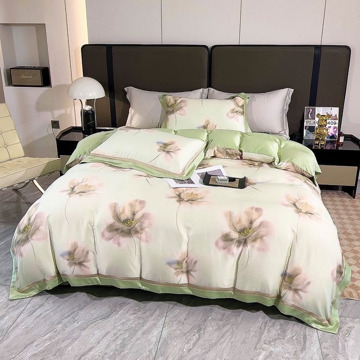 91家纺网 家纺一手货源 找家纺 氧家 2024新款兰精天丝数码印花四件套双对角工艺 雪瑶绿