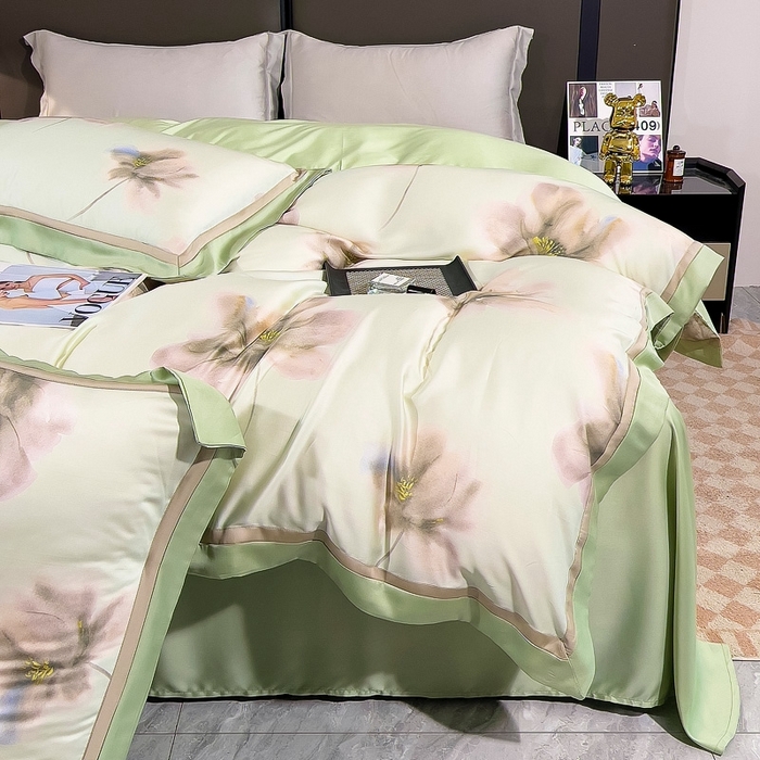 91家纺网 家纺一手货源 找家纺 氧家 2024新款兰精天丝数码印花四件套双对角工艺 雪瑶绿