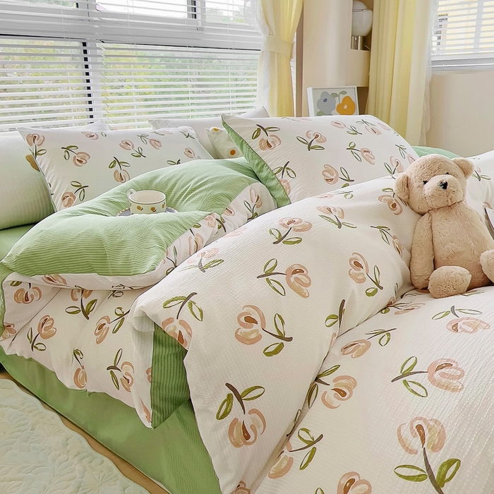 91家纺网 家纺一手货源 找家纺 氧家 2024新款水洗棉华夫格泡泡纱四件套 郁金香