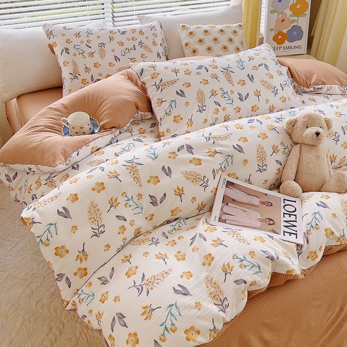 91家纺网 家纺一手货源 找家纺 氧家 2024新款水洗棉华夫格泡泡纱四件套 晓春咖