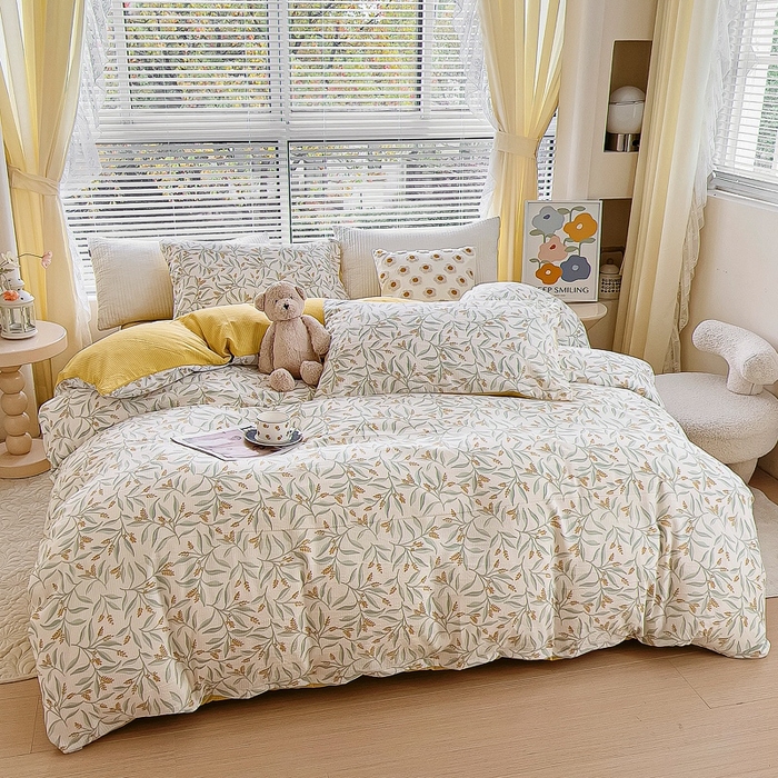 91家纺网 家纺一手货源 找家纺 氧家 2024新款水洗棉华夫格泡泡纱四件套 繁花黄