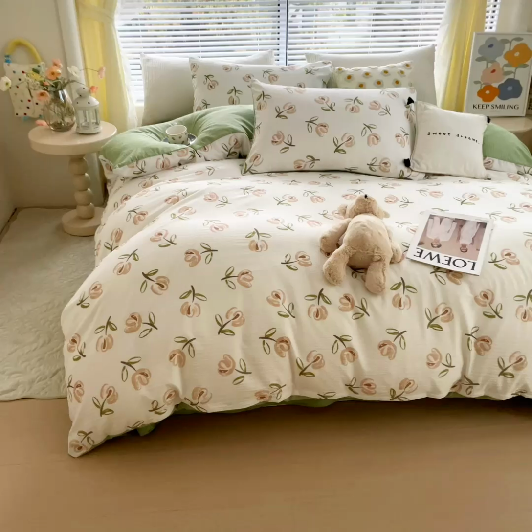 91家纺网 家纺一手货源 找家纺 氧家 2024新款水洗棉华夫格泡泡纱四件套 郁金香