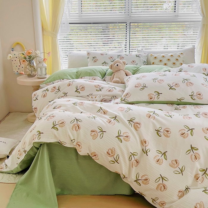 91家纺网 家纺一手货源 找家纺 氧家 2024新款水洗棉华夫格泡泡纱四件套 郁金香