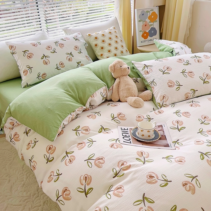 91家纺网 家纺一手货源 找家纺 氧家 2024新款水洗棉华夫格泡泡纱四件套 郁金香