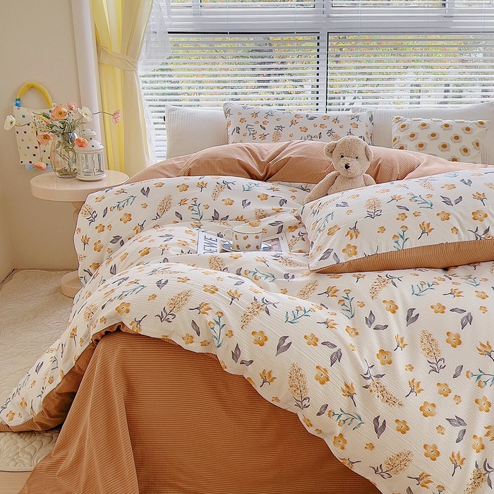 91家纺网 家纺一手货源 找家纺 氧家 2024新款水洗棉华夫格泡泡纱四件套 晓春咖