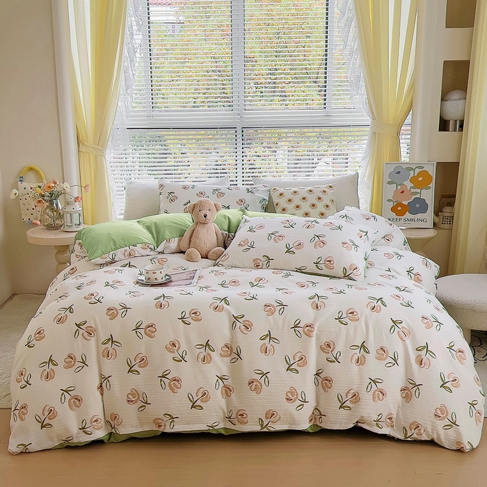 91家纺网 家纺一手货源 找家纺 氧家 2024新款水洗棉华夫格泡泡纱四件套 郁金香