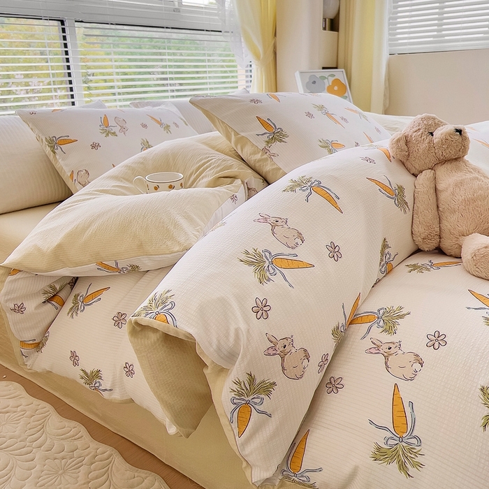 91家纺网 家纺一手货源 找家纺 氧家 2024新款水洗棉华夫格泡泡纱四件套 萝卜兔米