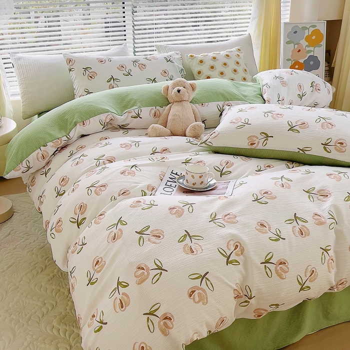 91家纺网 家纺一手货源 找家纺 氧家 2024新款水洗棉华夫格泡泡纱四件套 郁金香