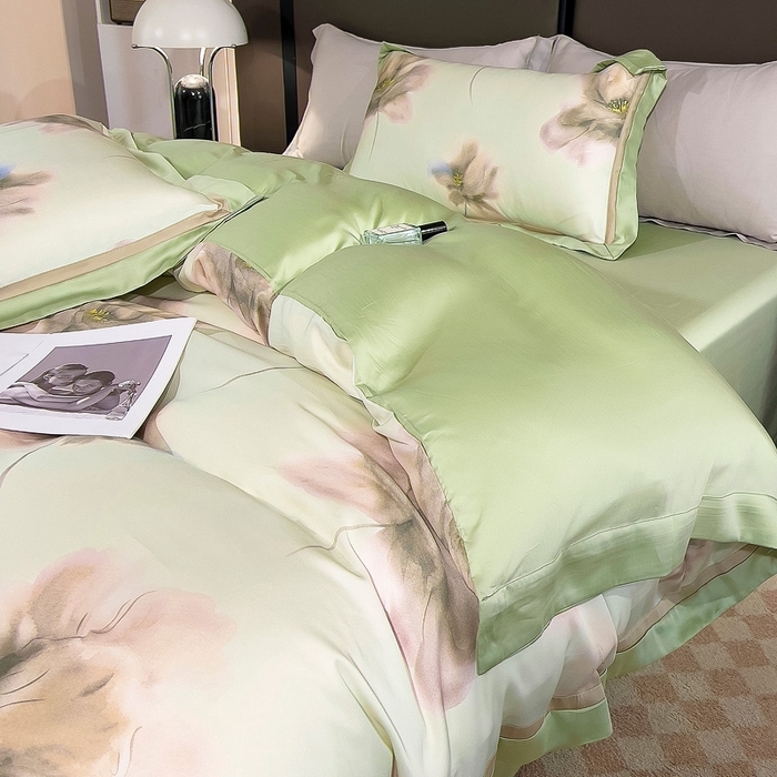 91家纺网 家纺一手货源 找家纺 氧家 2024新款兰精天丝数码印花四件套双对角工艺 雪瑶绿