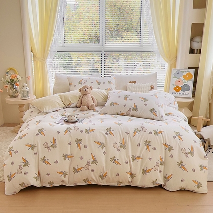 氧家 2024新款水洗棉华夫格泡泡纱四件套 萝卜兔米