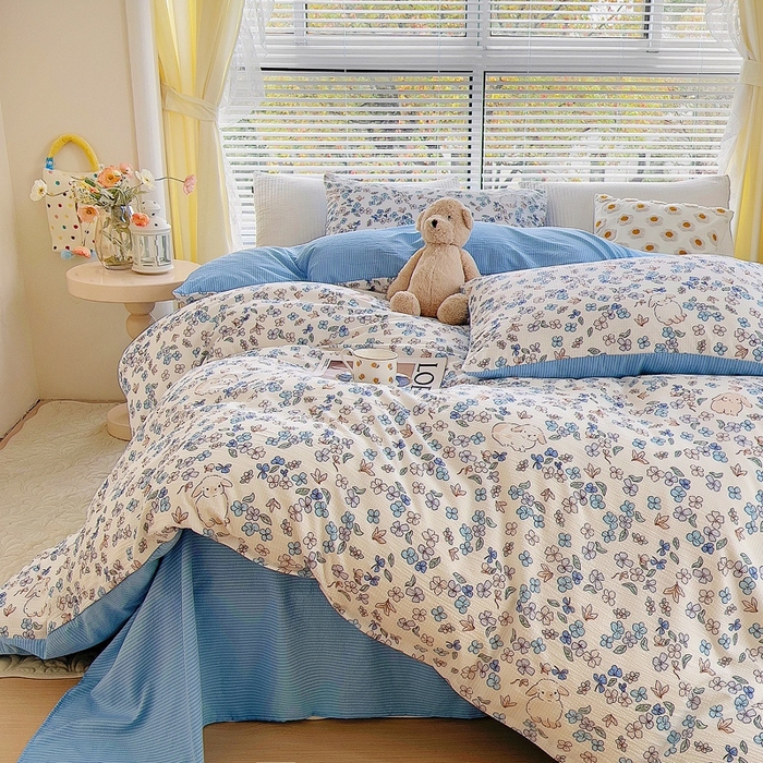 91家纺网 家纺一手货源 找家纺 氧家 2024新款水洗棉华夫格泡泡纱四件套 洛丽塔蓝