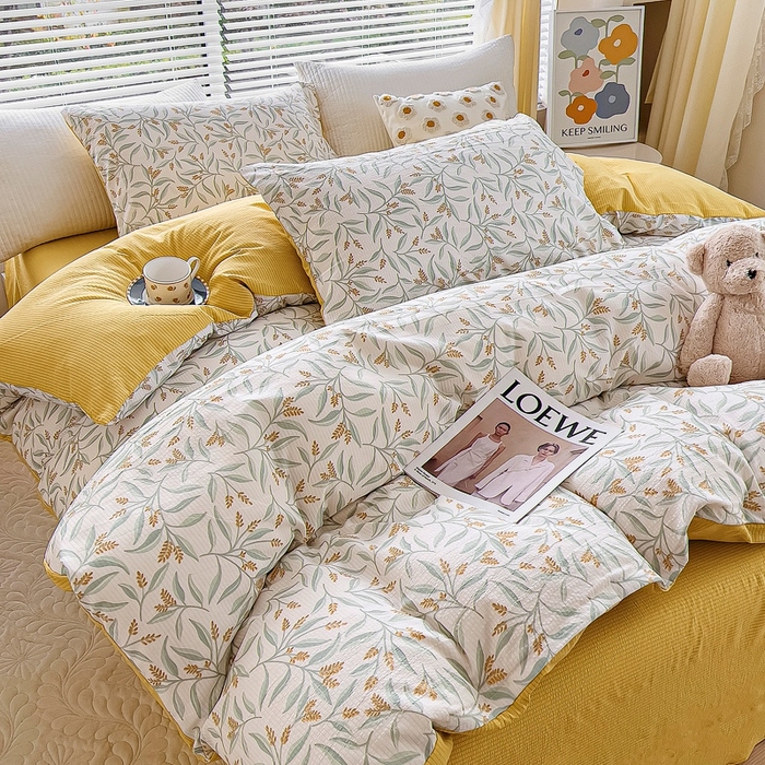 91家纺网 家纺一手货源 找家纺 氧家 2024新款水洗棉华夫格泡泡纱四件套 繁花黄