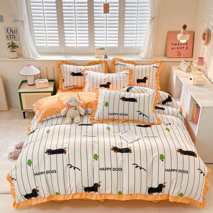 91家纺网 家纺一手货源 找家纺 上尚居 2024直播爆款卡通小清新韩版花边公主风水洗棉磨毛四件套 幸运狗