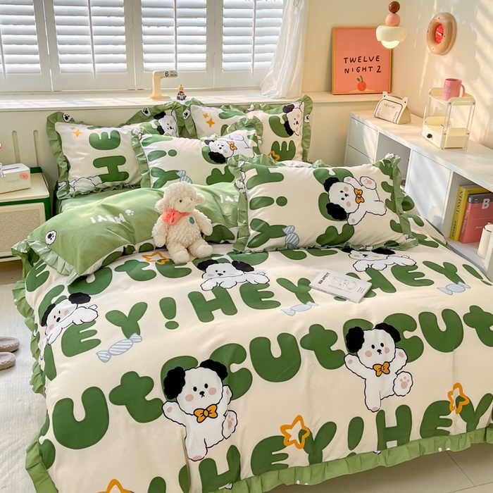 91家纺网 家纺一手货源 找家纺 上尚居 2024直播爆款卡通小清新韩版花边公主风水洗棉磨毛四件套 汪星人