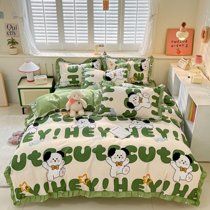 上尚居 2024直播爆款卡通小清新韩版花边公主风水洗棉磨毛四件套 汪星人