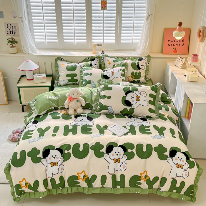 91家纺网 家纺一手货源 找家纺 上尚居 2024直播爆款卡通小清新韩版花边公主风水洗棉磨毛四件套 汪星人