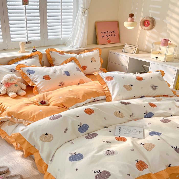 91家纺网 家纺一手货源 找家纺 上尚居 2024直播爆款卡通小清新韩版花边公主风水洗棉磨毛四件套 小南瓜