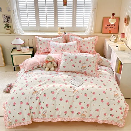 上尚居 2024直播爆款卡通小清新韩版花边公主风水洗棉磨毛四件套 花丛小兔