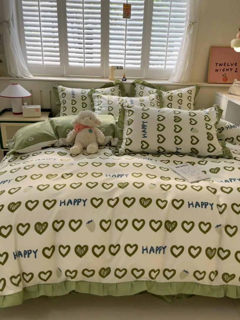 91家纺网 家纺一手货源 找家纺 上尚居 2024直播爆款卡通小清新韩版花边公主风水洗棉磨毛四件套 爱心世界