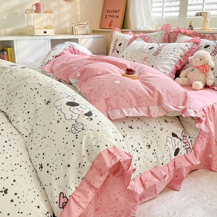 91家纺网 家纺一手货源 找家纺 上尚居 2024直播爆款卡通小清新韩版花边公主风水洗棉磨毛四件套 泡芙狗