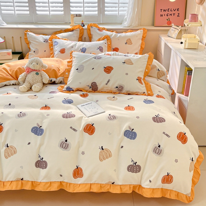 91家纺网 家纺一手货源 找家纺 上尚居 2024直播爆款卡通小清新韩版花边公主风水洗棉磨毛四件套 小南瓜