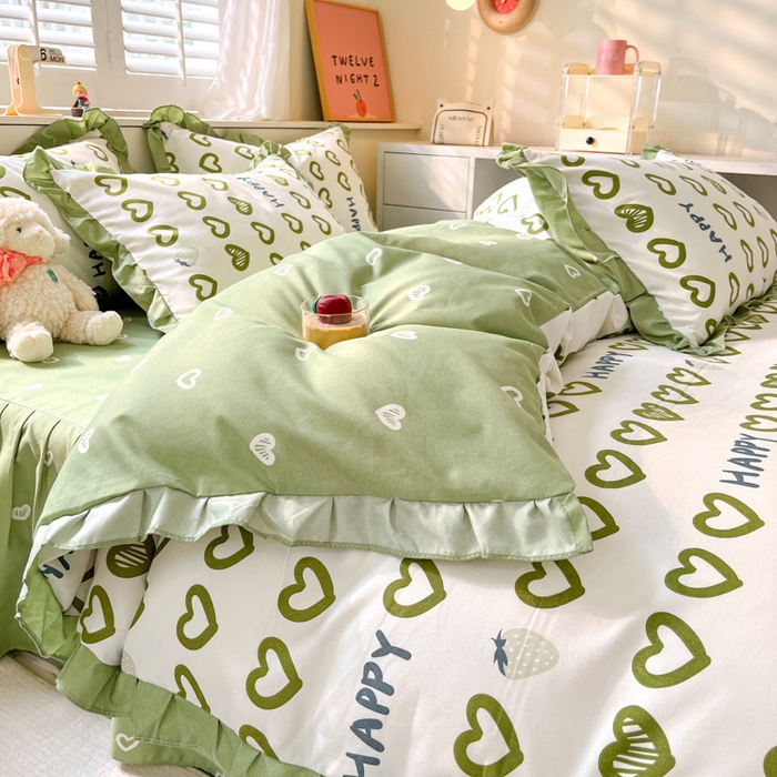 91家纺网 家纺一手货源 找家纺 上尚居 2024直播爆款卡通小清新韩版花边公主风水洗棉磨毛四件套 爱心世界