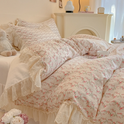 91家纺网 家纺一手货源 找家纺 金丝鸟家纺 2024新款韩式全棉镂空大花边公主风花卉系列四件套 花环