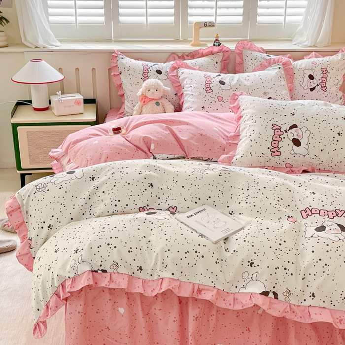 91家纺网 家纺一手货源 找家纺 上尚居 2024直播爆款卡通小清新韩版花边公主风水洗棉磨毛四件套 泡芙狗