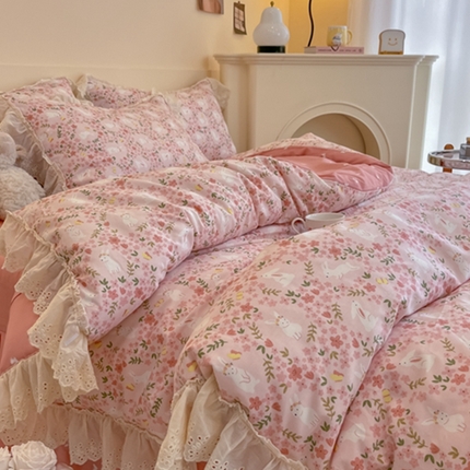 91家纺网 家纺一手货源 找家纺 （总）金丝鸟家纺 2024新款韩式全棉镂空大花边公主风花卉系列四件套