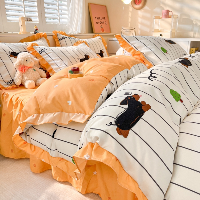 91家纺网 家纺一手货源 找家纺 上尚居 2024直播爆款卡通小清新韩版花边公主风水洗棉磨毛四件套 幸运狗