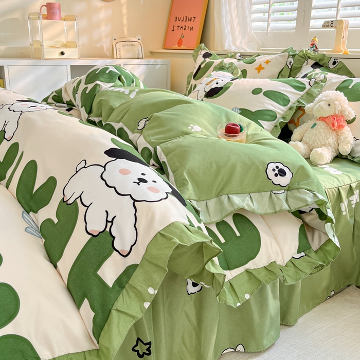 91家纺网 家纺一手货源 找家纺 上尚居 2024直播爆款卡通小清新韩版花边公主风水洗棉磨毛四件套 汪星人