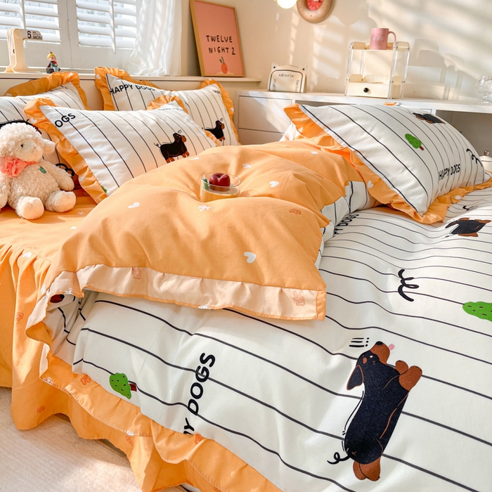 91家纺网 家纺一手货源 找家纺 上尚居 2024直播爆款卡通小清新韩版花边公主风水洗棉磨毛四件套 幸运狗