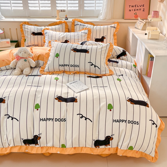 91家纺网 家纺一手货源 找家纺 上尚居 2024直播爆款卡通小清新韩版花边公主风水洗棉磨毛四件套 幸运狗