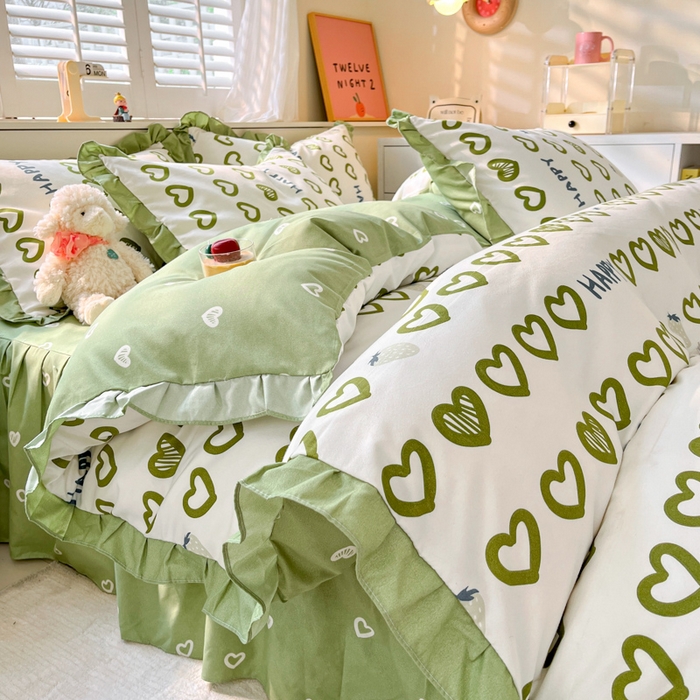 91家纺网 家纺一手货源 找家纺 上尚居 2024直播爆款卡通小清新韩版花边公主风水洗棉磨毛四件套 爱心世界