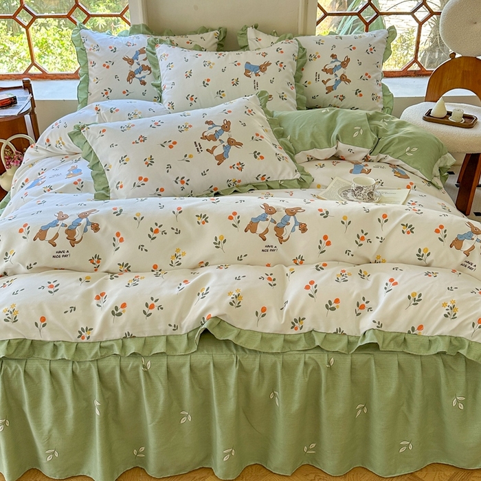 91家纺网 家纺一手货源 找家纺 上尚居 2024直播爆款卡通小清新韩版花边公主风水洗棉磨毛四件套 美好时光