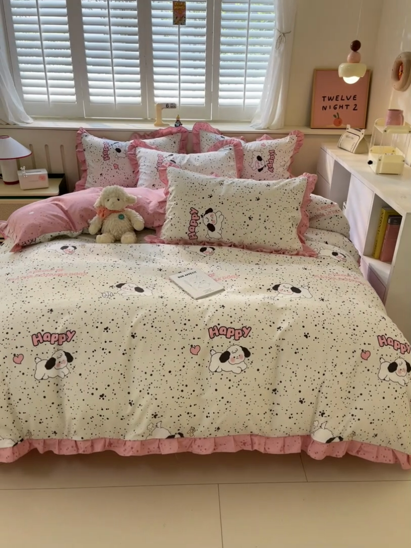 91家纺网 家纺一手货源 找家纺 上尚居 2024直播爆款卡通小清新韩版花边公主风水洗棉磨毛四件套 泡芙狗