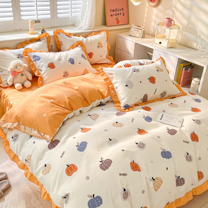 91家纺网 家纺一手货源 找家纺 上尚居 2024直播爆款卡通小清新韩版花边公主风水洗棉磨毛四件套 小南瓜