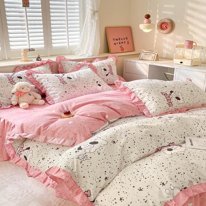 91家纺网 家纺一手货源 找家纺 上尚居 2024直播爆款卡通小清新韩版花边公主风水洗棉磨毛四件套 泡芙狗