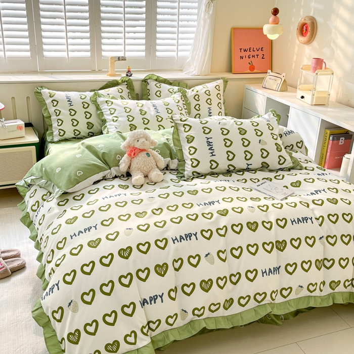 91家纺网 家纺一手货源 找家纺 上尚居 2024直播爆款卡通小清新韩版花边公主风水洗棉磨毛四件套 爱心世界