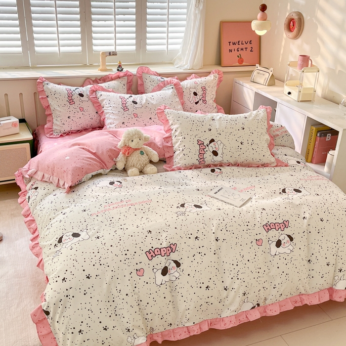 91家纺网 家纺一手货源 找家纺 上尚居 2024直播爆款卡通小清新韩版花边公主风水洗棉磨毛四件套 泡芙狗