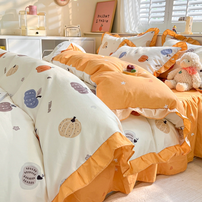 91家纺网 家纺一手货源 找家纺 上尚居 2024直播爆款卡通小清新韩版花边公主风水洗棉磨毛四件套 小南瓜