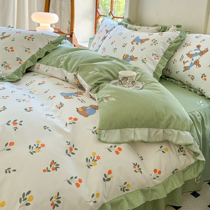 91家纺网 家纺一手货源 找家纺 上尚居 2024直播爆款卡通小清新韩版花边公主风水洗棉磨毛四件套 美好时光