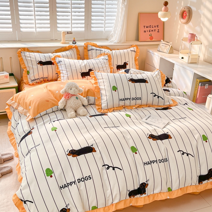 91家纺网 家纺一手货源 找家纺 上尚居 2024直播爆款卡通小清新韩版花边公主风水洗棉磨毛四件套 幸运狗