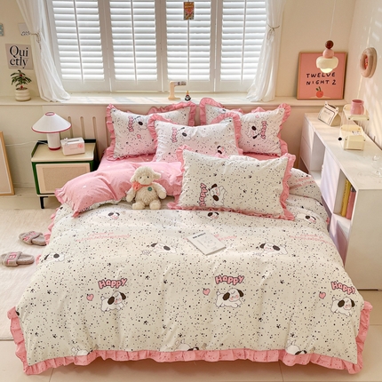 上尚居 2024直播爆款卡通小清新韩版花边公主风水洗棉磨毛四件套 泡芙狗