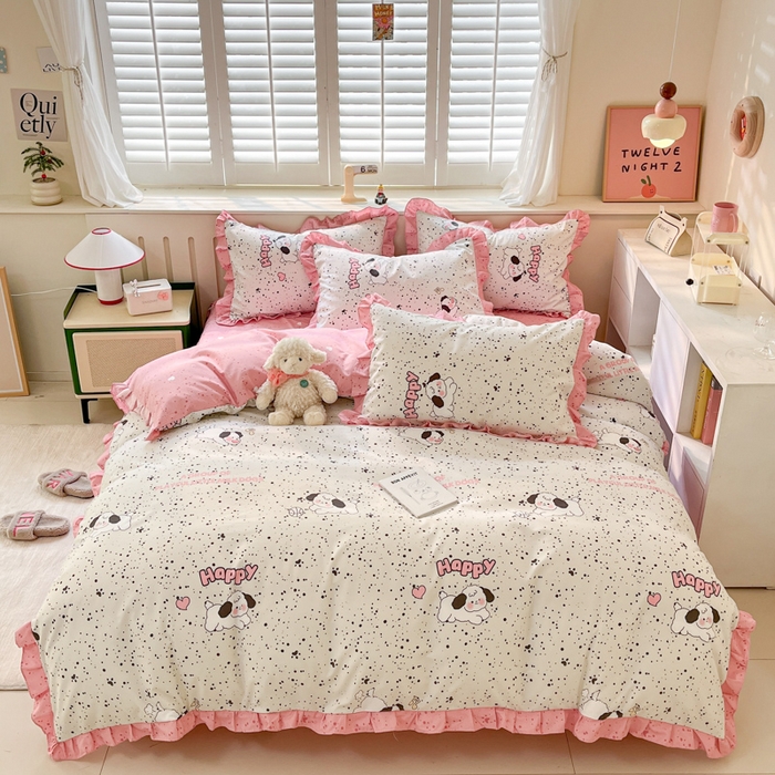 91家纺网 家纺一手货源 找家纺 上尚居 2024直播爆款卡通小清新韩版花边公主风水洗棉磨毛四件套 泡芙狗