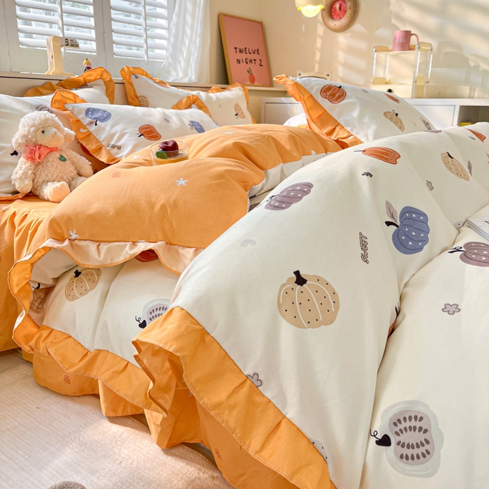 91家纺网 家纺一手货源 找家纺 上尚居 2024直播爆款卡通小清新韩版花边公主风水洗棉磨毛四件套 小南瓜