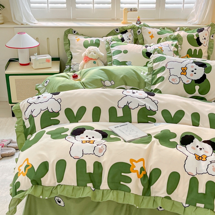 91家纺网 家纺一手货源 找家纺 上尚居 2024直播爆款卡通小清新韩版花边公主风水洗棉磨毛四件套 汪星人