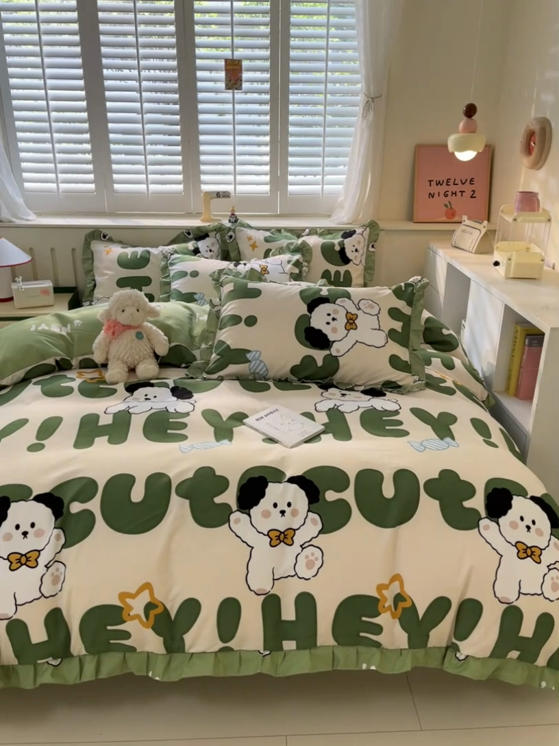 91家纺网 家纺一手货源 找家纺 上尚居 2024直播爆款卡通小清新韩版花边公主风水洗棉磨毛四件套 汪星人