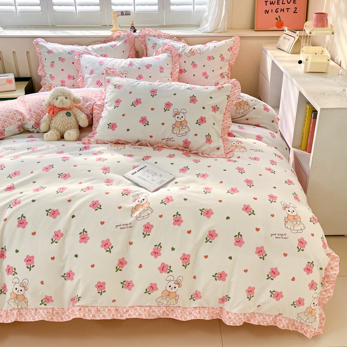 91家纺网 家纺一手货源 找家纺 上尚居 2024直播爆款卡通小清新韩版花边公主风水洗棉磨毛四件套 花丛小兔