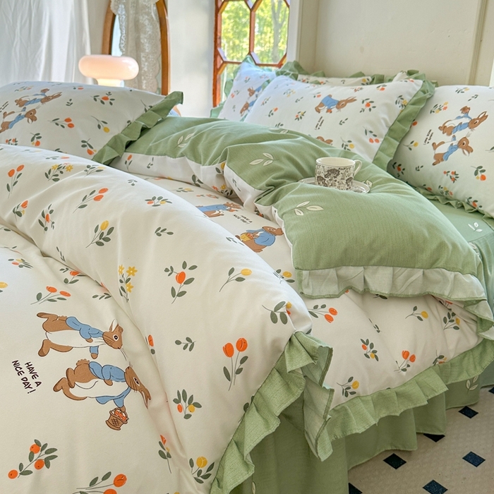 91家纺网 家纺一手货源 找家纺 上尚居 2024直播爆款卡通小清新韩版花边公主风水洗棉磨毛四件套 美好时光